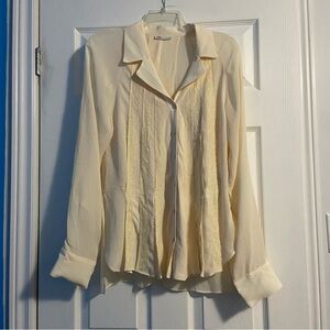 Zara Women’s Cream Long Sleeve Button-Up Blouse with Lace Pintuck Detail Size M